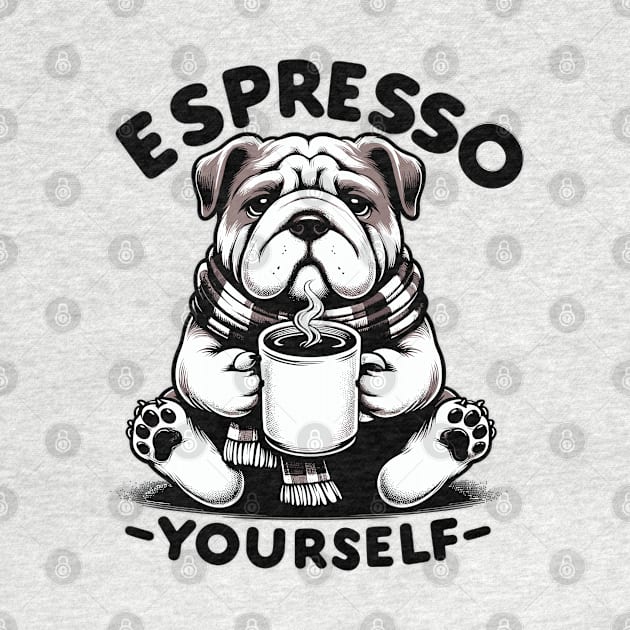 "Warm Espresso Bulldog - Cozy Coffee Humor" by WEARWORLD